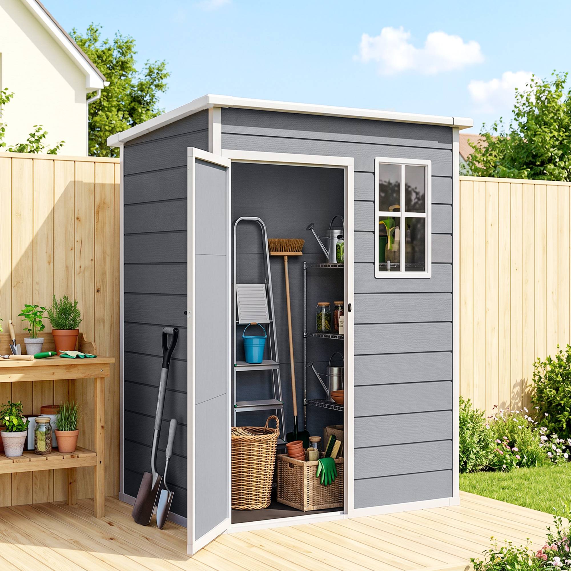 Abri de jardin 1,14 m² pour outils - porte verrouillable, aération et fenêtre - dim. 151L x 92l x 193H cm - plastique, gris - Image 4