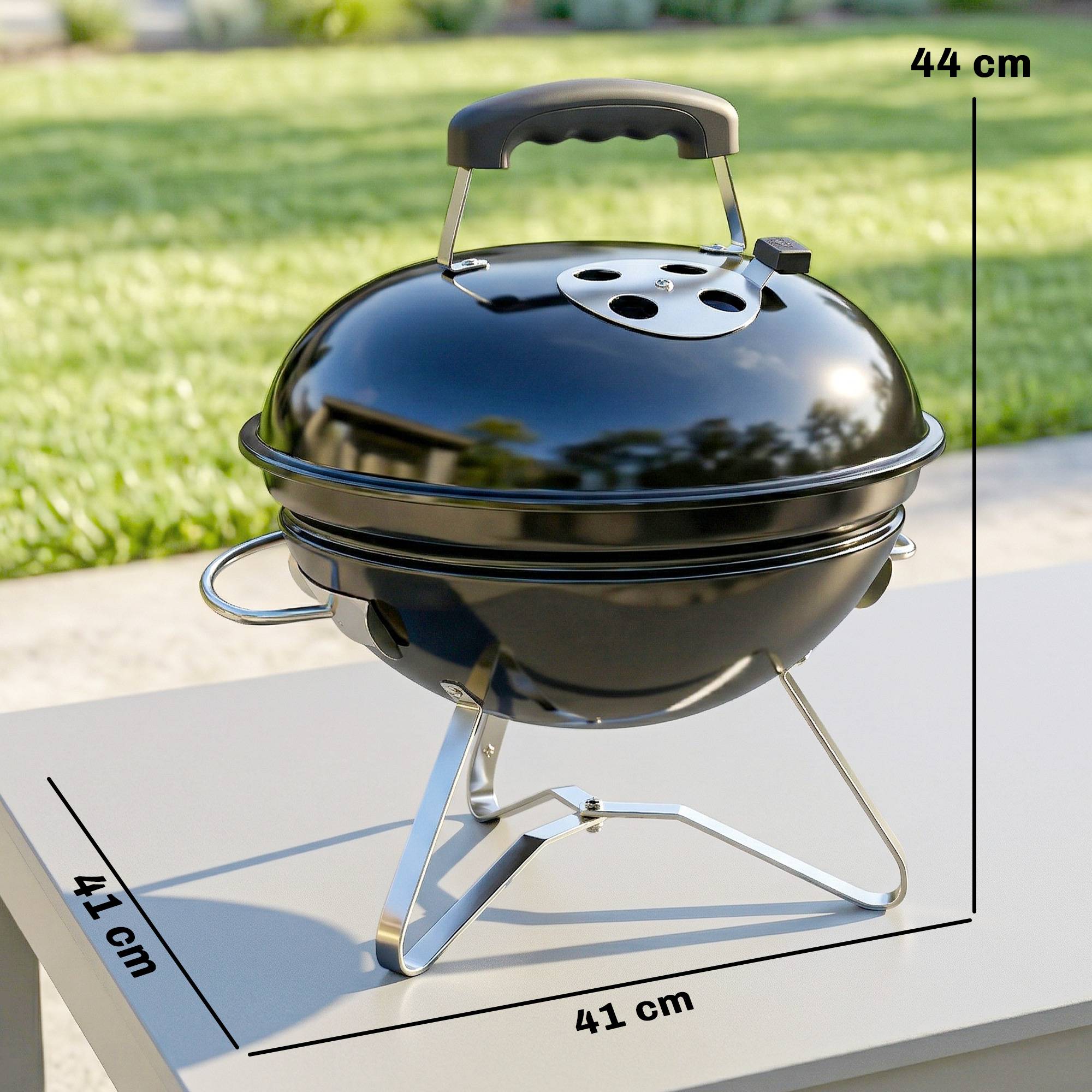 Barbecue portable au charbon de bois avec couvercle, poignée et fentes d'aération réglables, 41 x 41 x 44 cm, noir - Image 5
