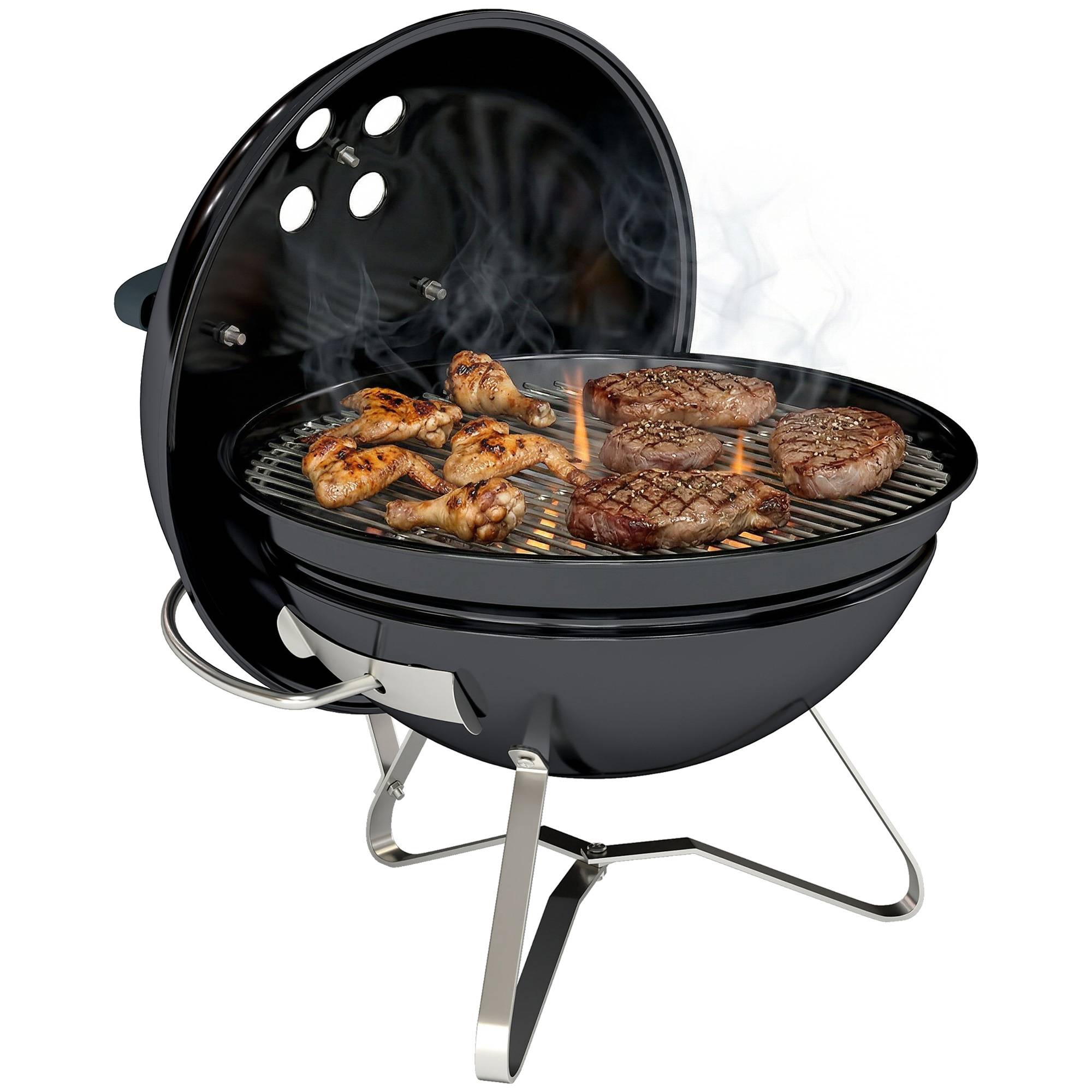 Barbecue portable au charbon de bois avec couvercle, poignée et fentes d'aération réglables, 41 x 41 x 44 cm, noir - Image 1