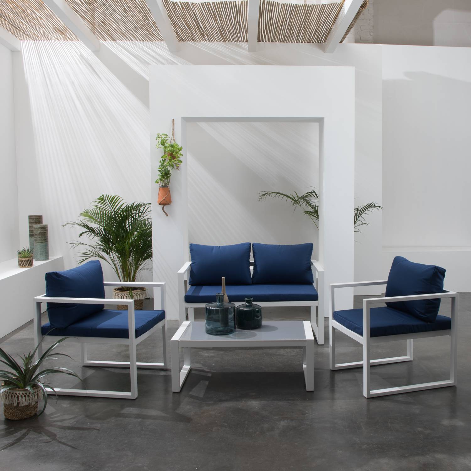 Happy Garden - Salon de jardin IBIZA en tissu bleu 4 places - aluminium blanc - HAPPY GARDEN - Image 2