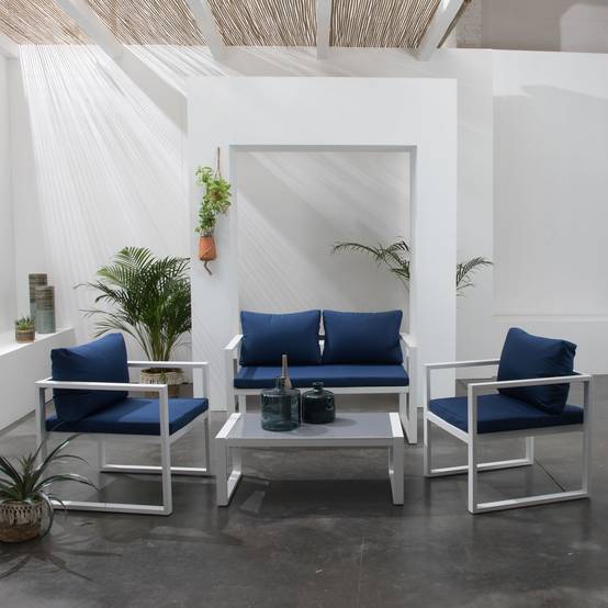 Happy Garden - Salon de jardin IBIZA en tissu bleu 4 places - aluminium blanc - HAPPY GARDEN - Image 7