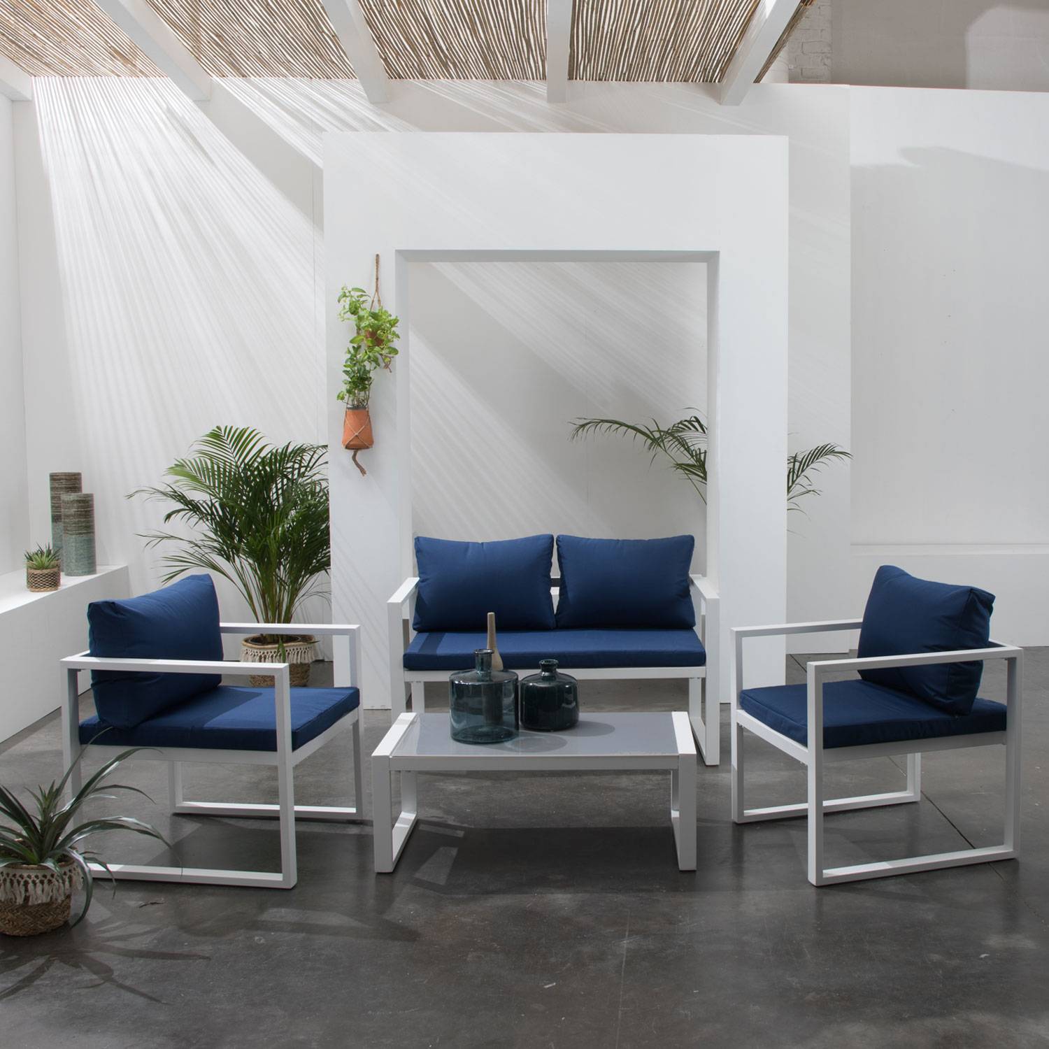 Happy Garden - Salon de jardin IBIZA en tissu bleu 4 places - aluminium blanc - HAPPY GARDEN - Image 7