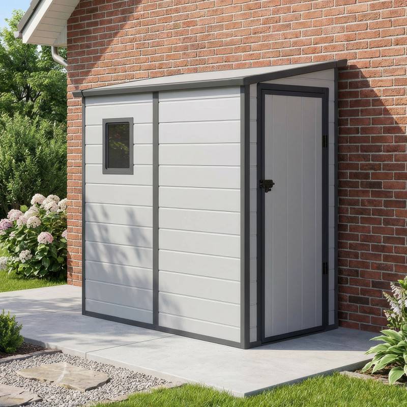 Abri de jardin adossé résine polypropylène 2,09m² gris clair avec kit de fondation Jôbu - Image 1