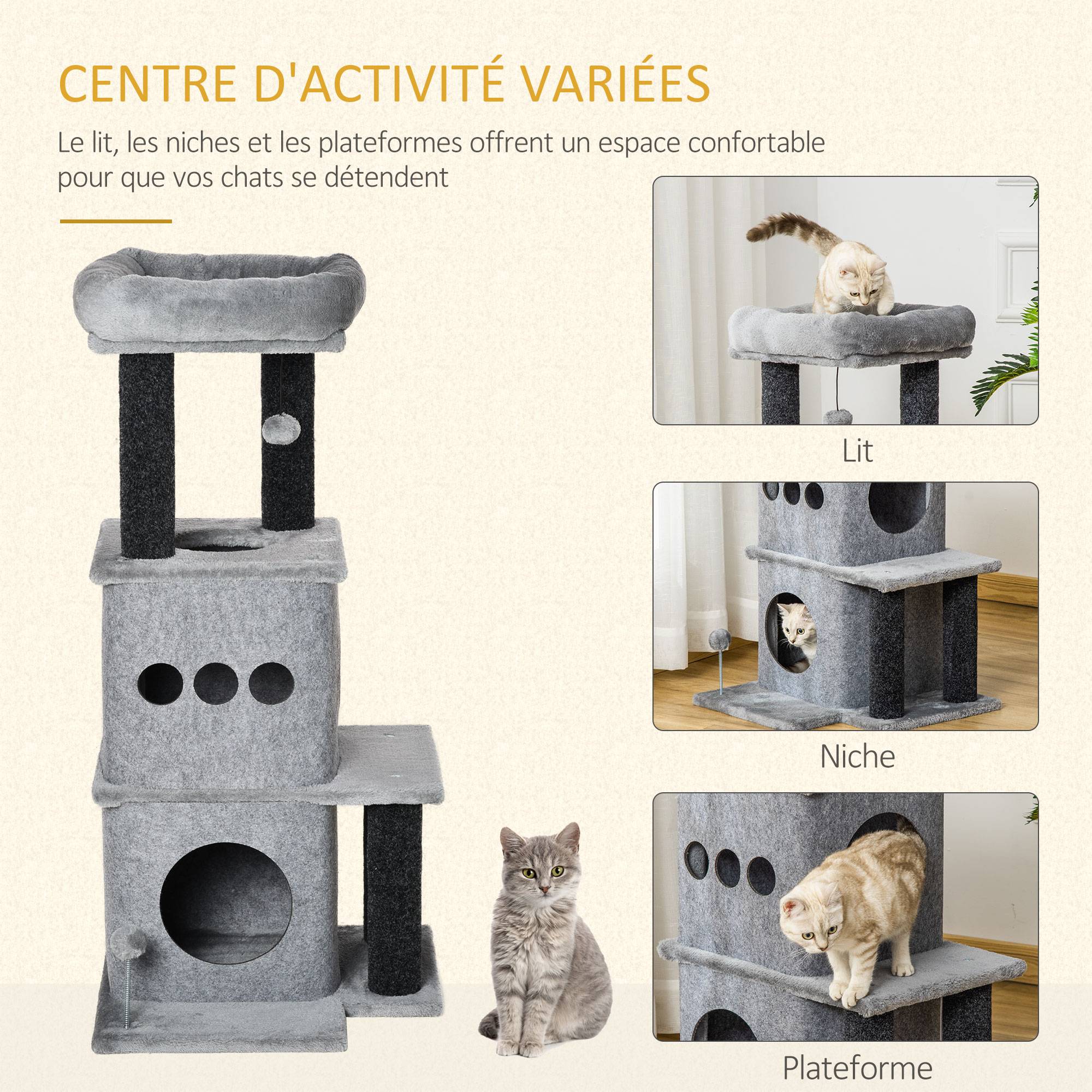 Arbre à chats design cosy, niches, plateformes, lit, boule de jeu, coussins amovibles lavables, peluche douce, 48 x 48 x 100 cm gris - Image 8