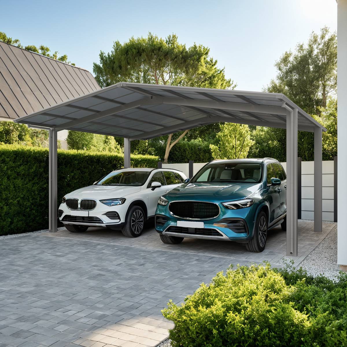 Carport double En M, charge de toiture 100kg/m²- Anodisé coloris inox brillant - Ximax Linea Standard - Image 2