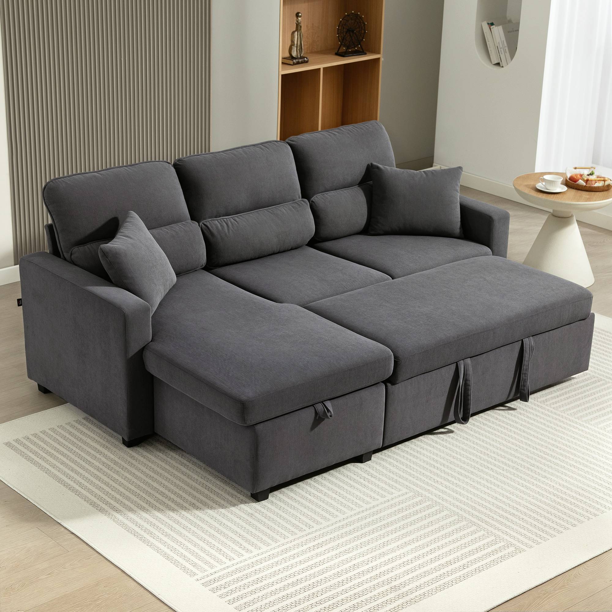 Canapé-lit convertible, canapé d'angle en L avec fonction lit, espace de rangement, coussins, pour salon ou chambre d'amis, gris foncé - Image 4