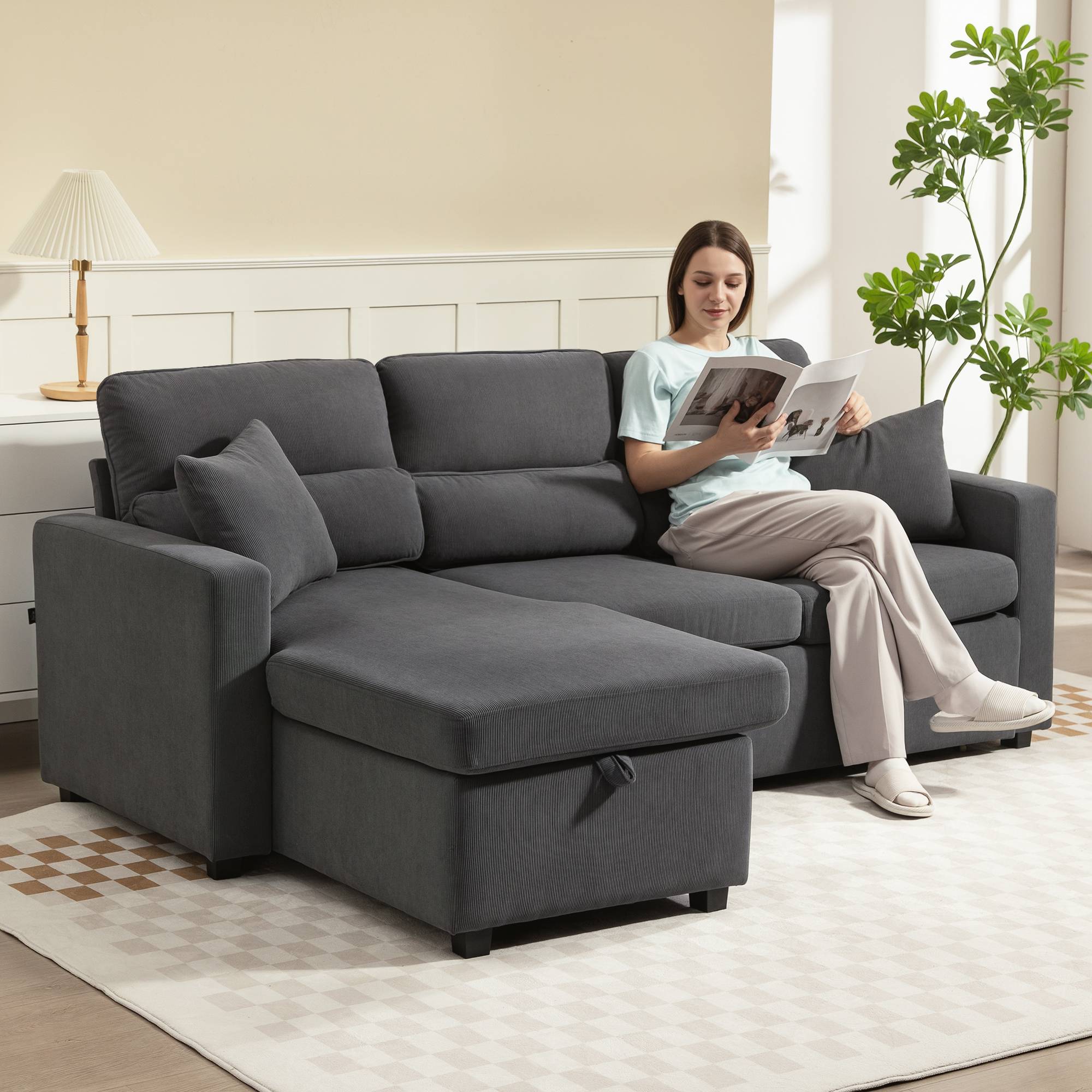 Canapé-lit convertible, canapé d'angle en L avec fonction lit, espace de rangement, coussins, pour salon ou chambre d'amis, gris foncé - Image 3