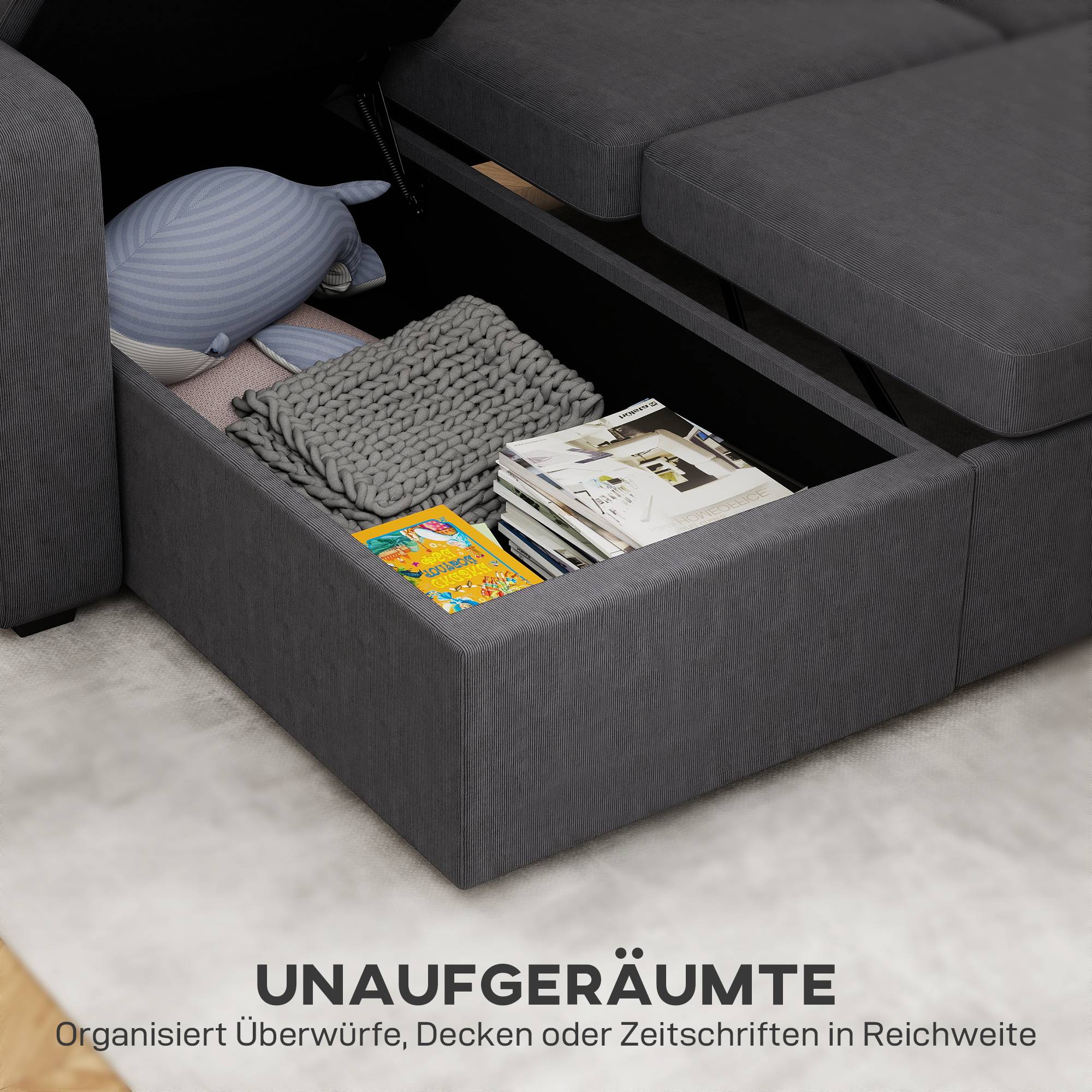 Canapé-lit convertible, canapé d'angle en L avec fonction lit, espace de rangement, coussins, pour salon ou chambre d'amis, gris foncé - Image 8