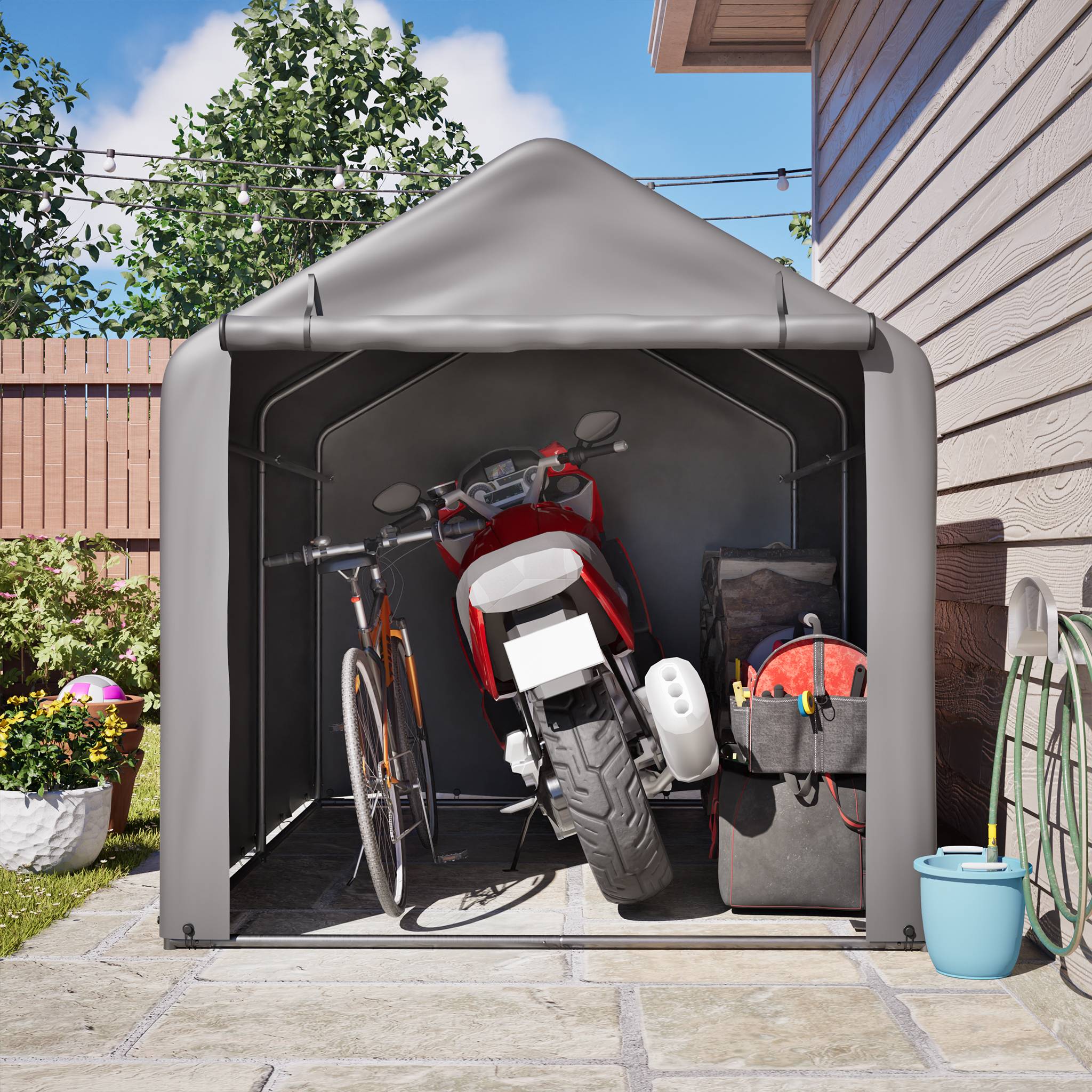 Garage à vélos 160x220x165cm cadre acier noir PE imperméable, porte roulante pour vélos et outils