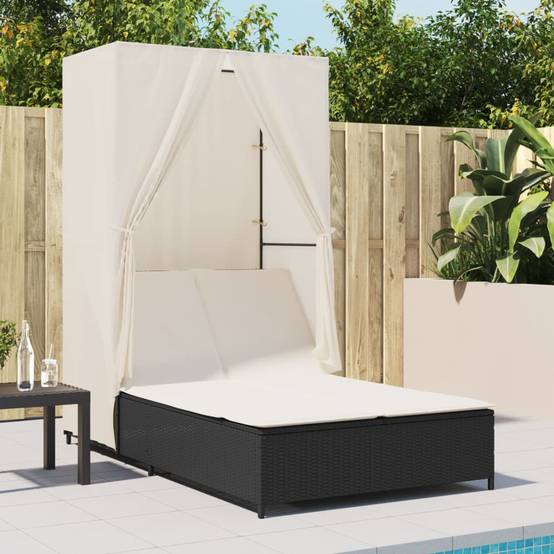 Chaise longue | Transat | Bain de soleil double avec toit et rideaux noir résine tressée - Image 3