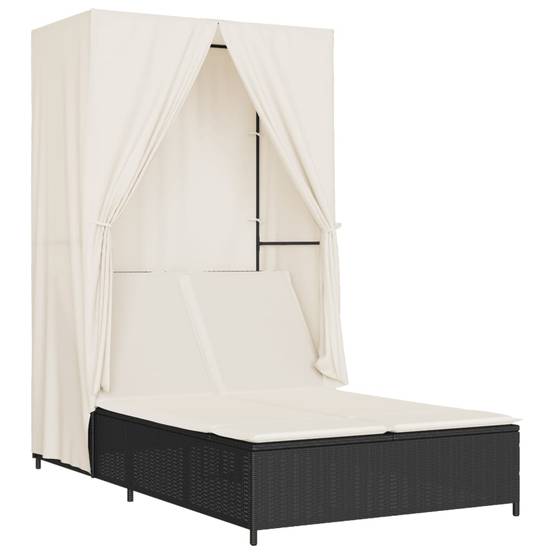 Chaise longue | Transat | Bain de soleil double avec toit et rideaux noir résine tressée - Image 1