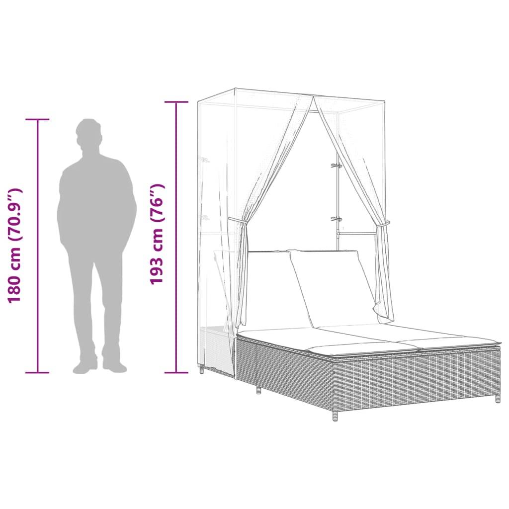 Chaise longue | Transat | Bain de soleil double avec toit et rideaux noir résine tressée - Image 10