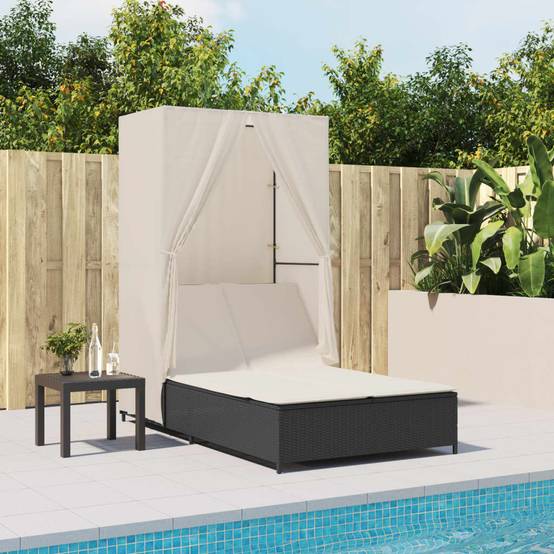 Chaise longue | Transat | Bain de soleil double avec toit et rideaux noir résine tressée - Image 2