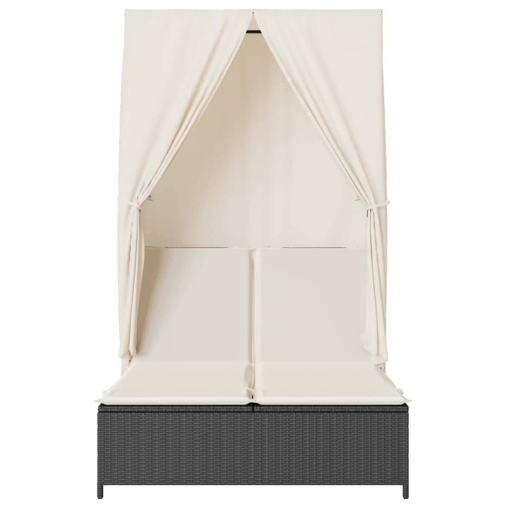 Chaise longue | Transat | Bain de soleil double avec toit et rideaux noir résine tressée - Image 4