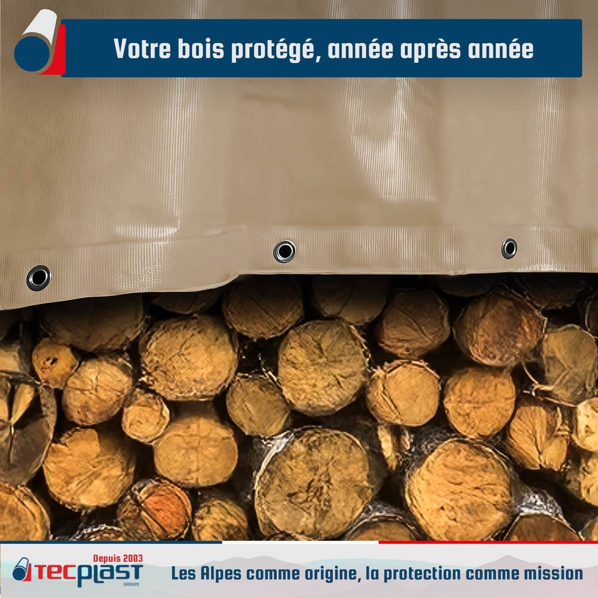 Bâche Bois 4x6 m LP506BO Beige foncé - Garantie 5 ans - Bâche de protection étanche en PVC pour Bois de chauffage TECPLAST - Image 2
