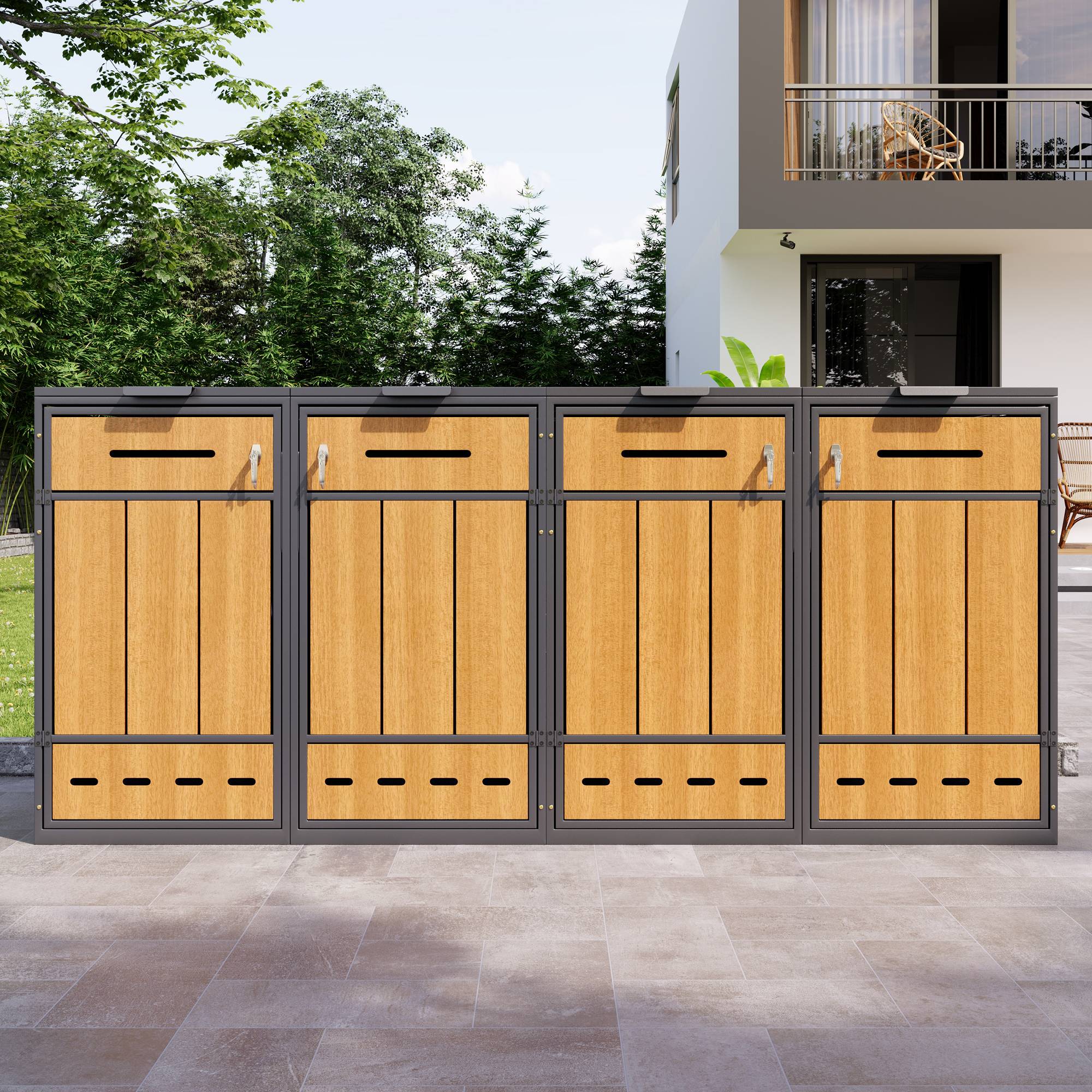 PANGIVO - Coffre à déchets en métal pour 4 poubelles 120-240L, avec ventilation et portes en bois, 132 x 84.5 x 118 cm - PANGIVO - Image 10