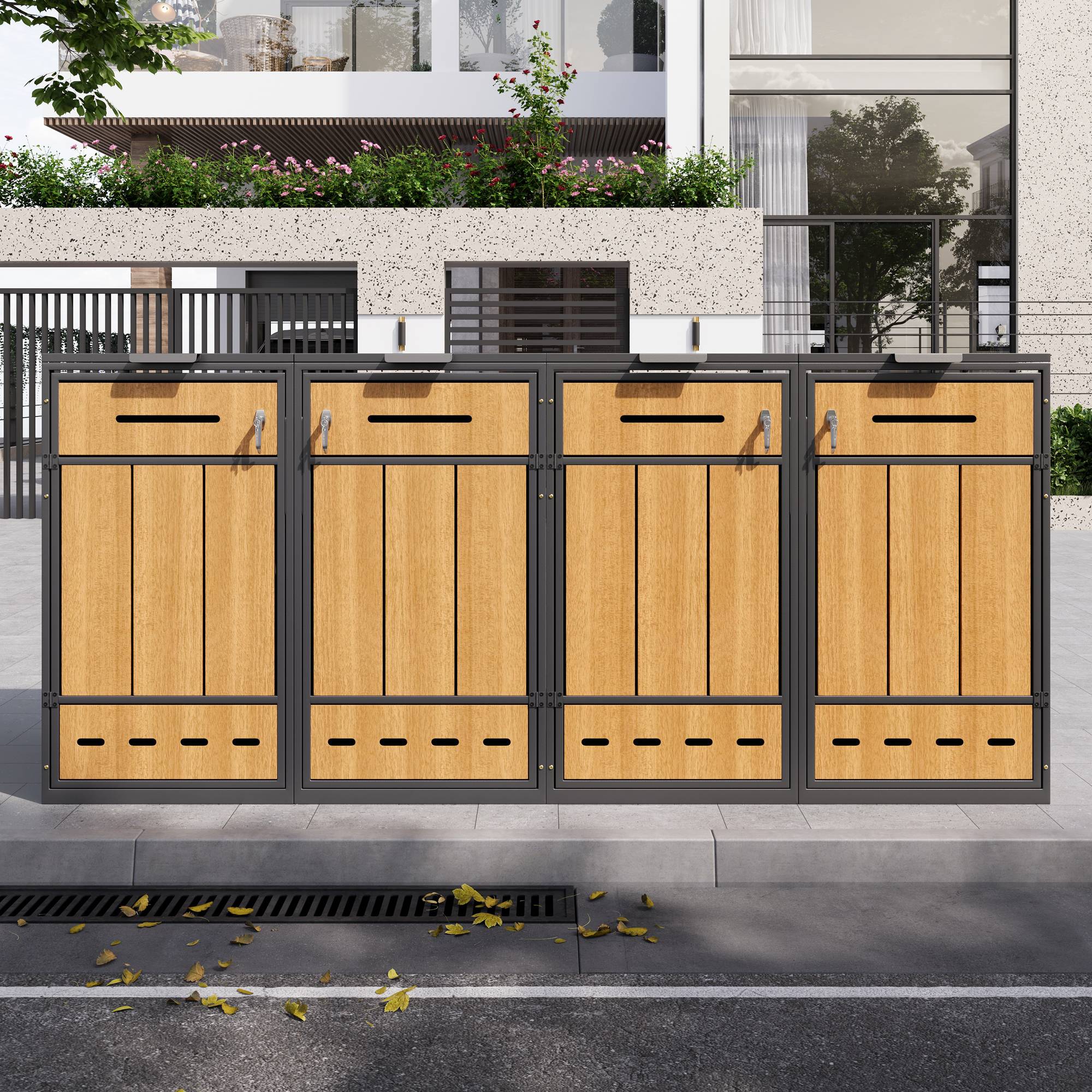 PANGIVO - Coffre à déchets en métal pour 4 poubelles 120-240L, avec ventilation et portes en bois, 132 x 84.5 x 118 cm - PANGIVO - Image 3