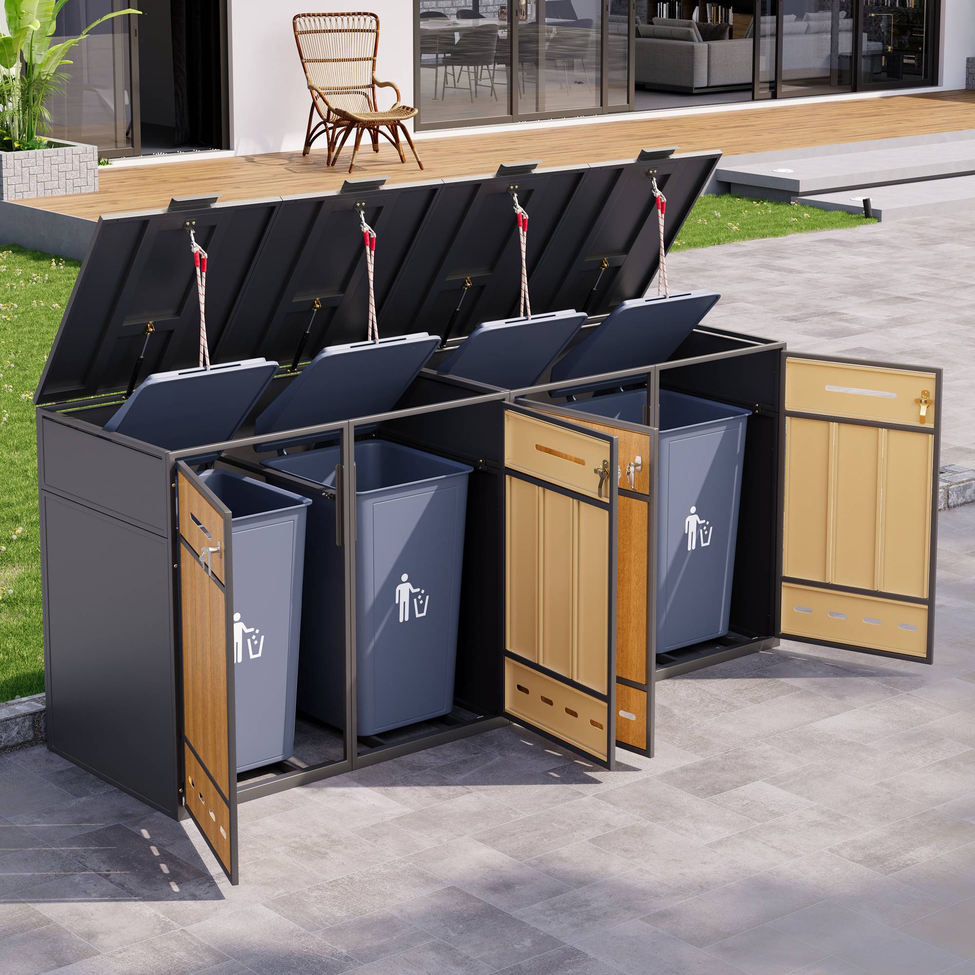 PANGIVO - Coffre à déchets en métal pour 4 poubelles 120-240L, avec ventilation et portes en bois, 132 x 84.5 x 118 cm - PANGIVO - Image 8