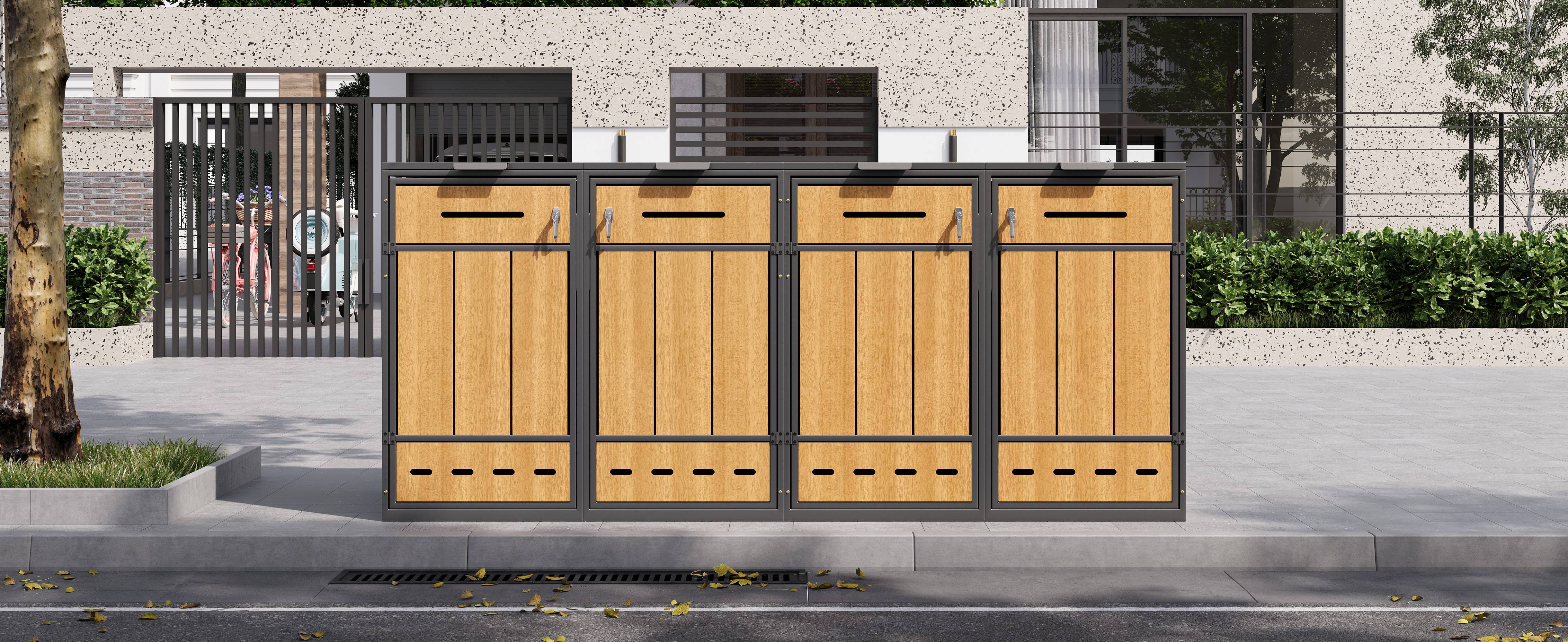 PANGIVO - Coffre à déchets en métal pour 4 poubelles 120-240L, avec ventilation et portes en bois, 132 x 84.5 x 118 cm - PANGIVO - Image 6