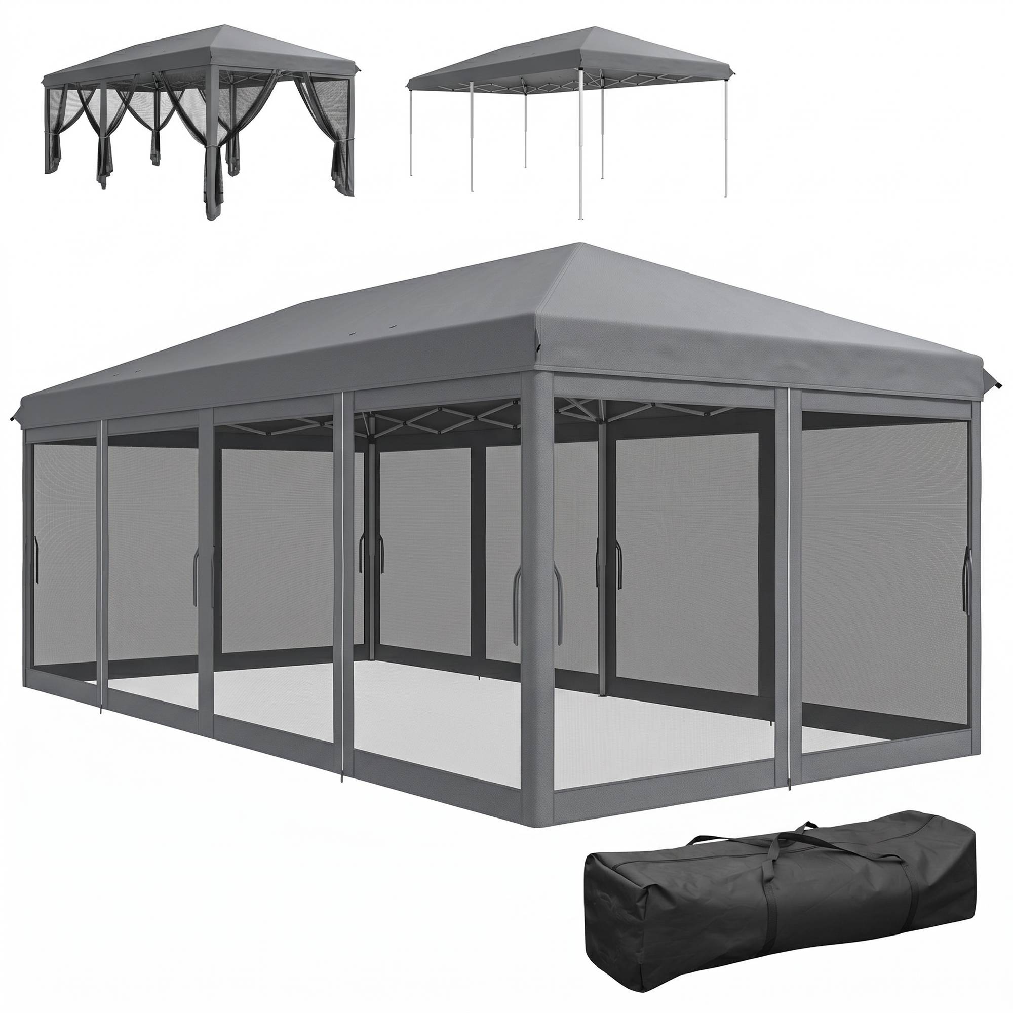 Tente de jardin pliante pliable 6x3 m avec 6 parois latérales en maille anti-UV et sac de transport gris - Image 2