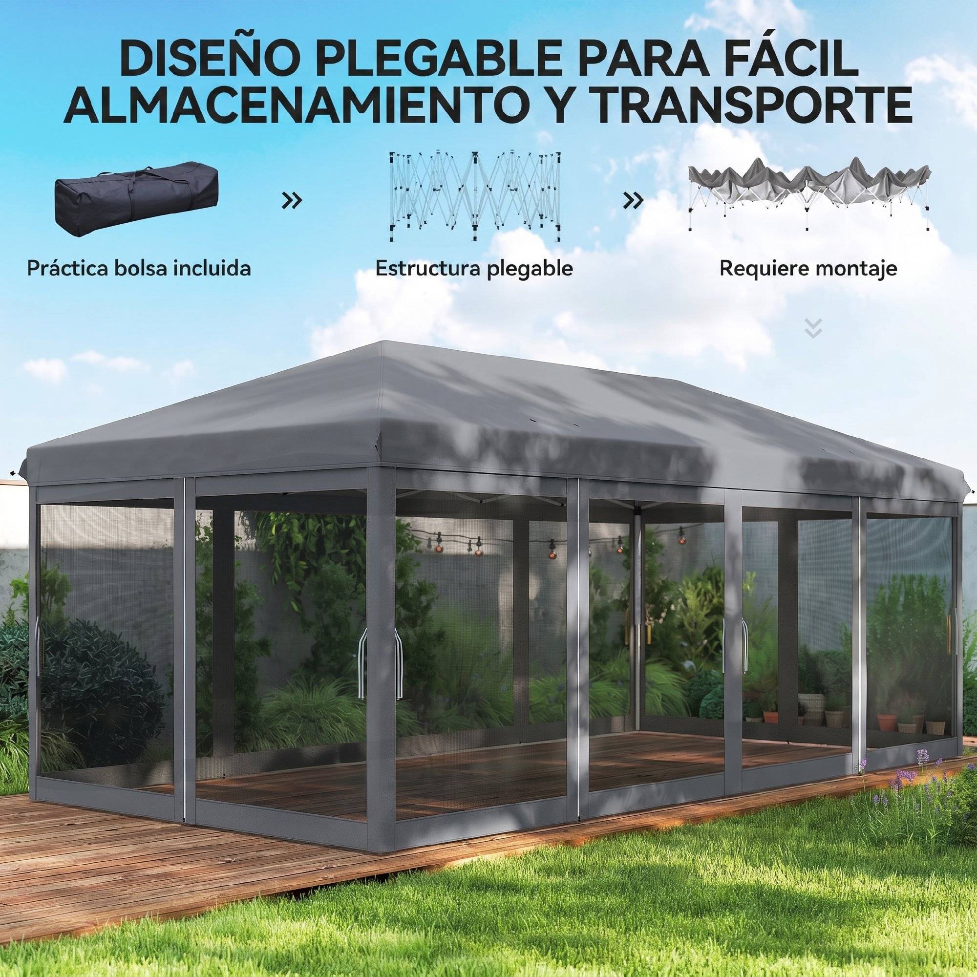Tente de jardin pliante pliable 6x3 m avec 6 parois latérales en maille anti-UV et sac de transport gris - Image 7