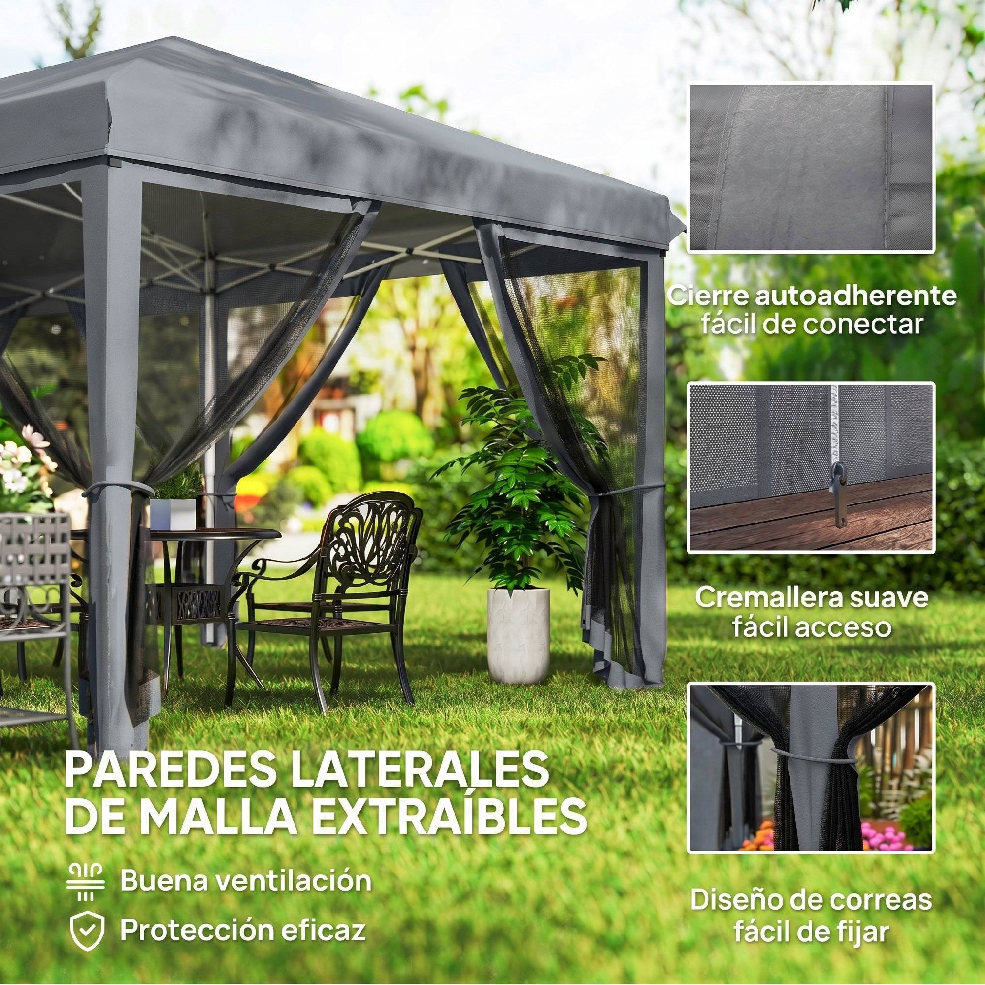 Tente de jardin pliante pliable 6x3 m avec 6 parois latérales en maille anti-UV et sac de transport gris - Image 8