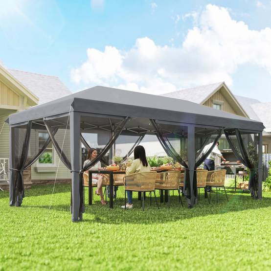Tente de jardin pliante pliable 6x3 m avec 6 parois latérales en maille anti-UV et sac de transport gris - Image 3