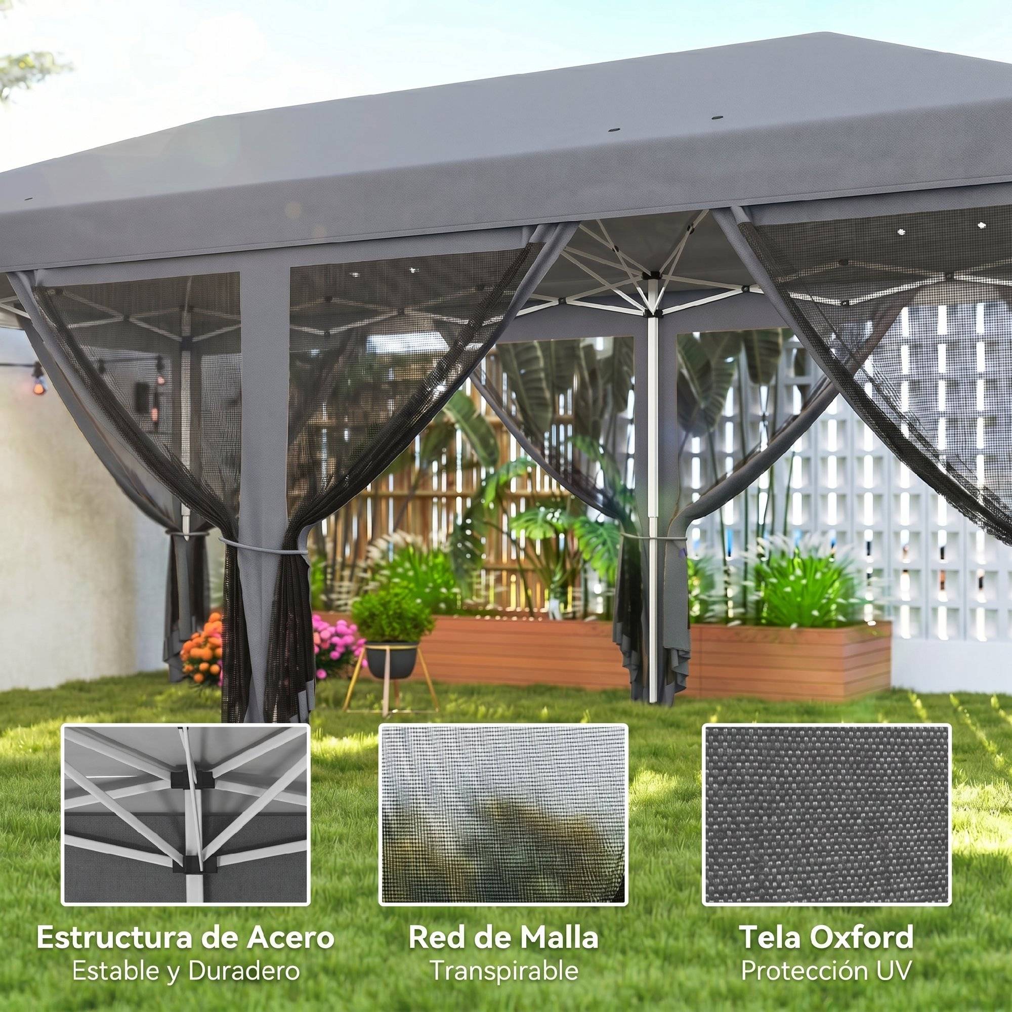 Tente de jardin pliante pliable 6x3 m avec 6 parois latérales en maille anti-UV et sac de transport gris - Image 6
