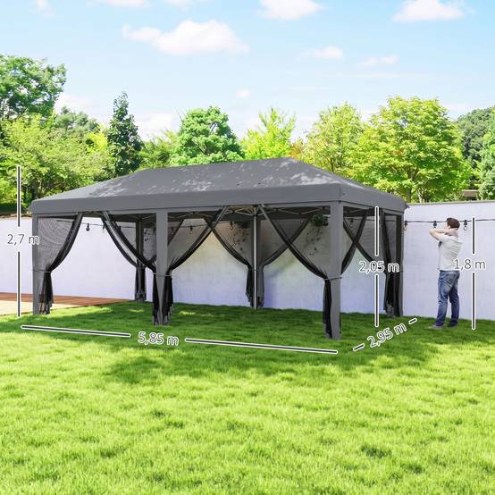 Tente de jardin pliante pliable 6x3 m avec 6 parois latérales en maille anti-UV et sac de transport gris - Image 5