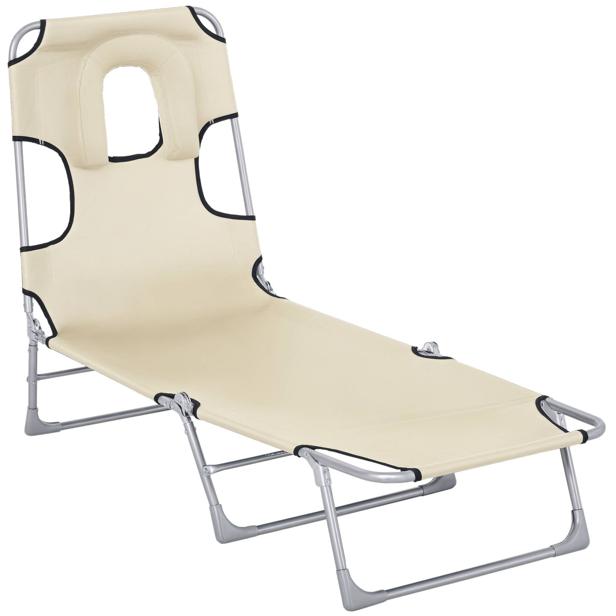 Transat de Jardin Pliable Inclinable 5 Positions avec Trou de Lecture, Appui-Tête et Dossier Réglables, Plage/Jardin, 182 x 56 x 28 cm, Beige - Image 1
