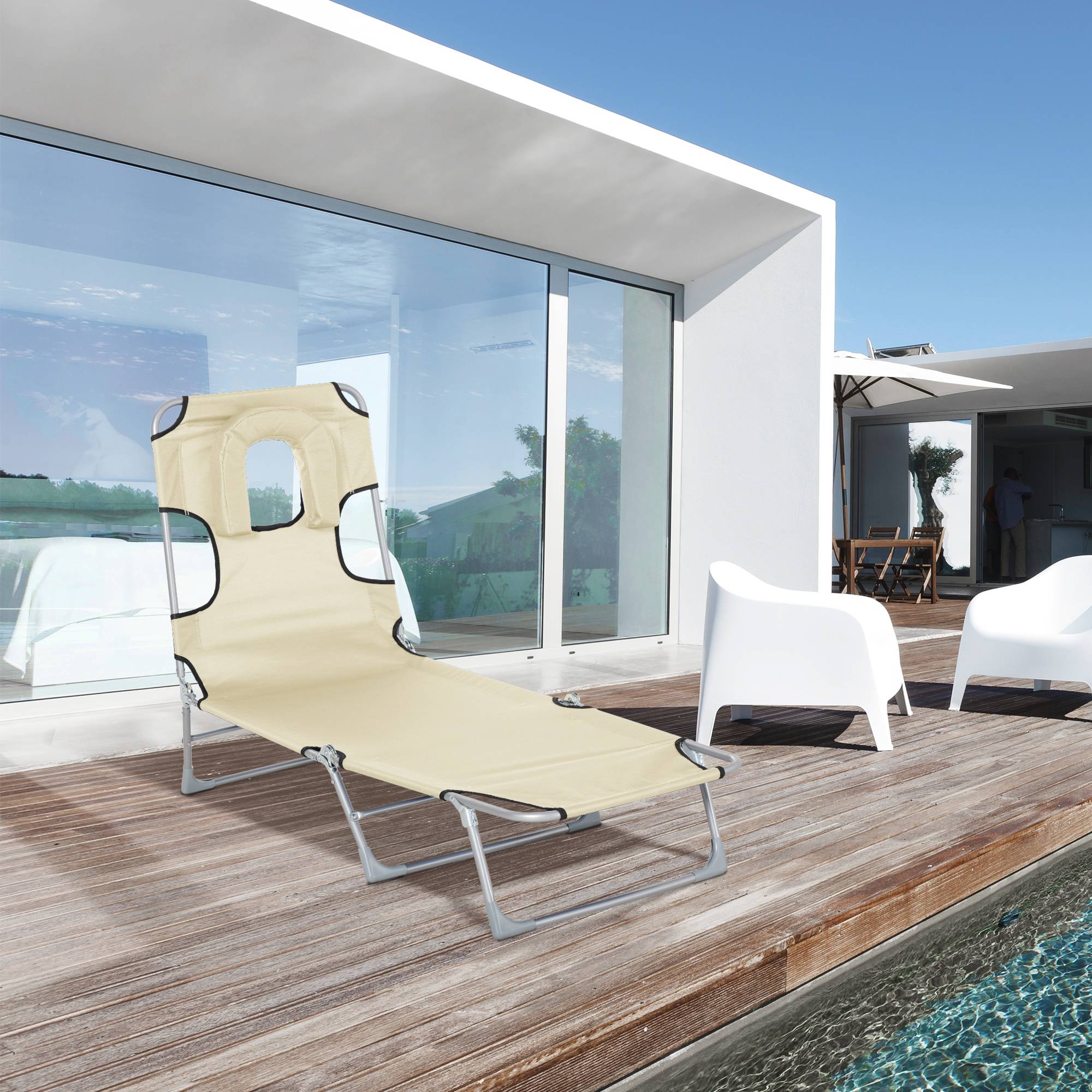Transat de Jardin Pliable Inclinable 5 Positions avec Trou de Lecture, Appui-Tête et Dossier Réglables, Plage/Jardin, 182 x 56 x 28 cm, Beige - Image 3