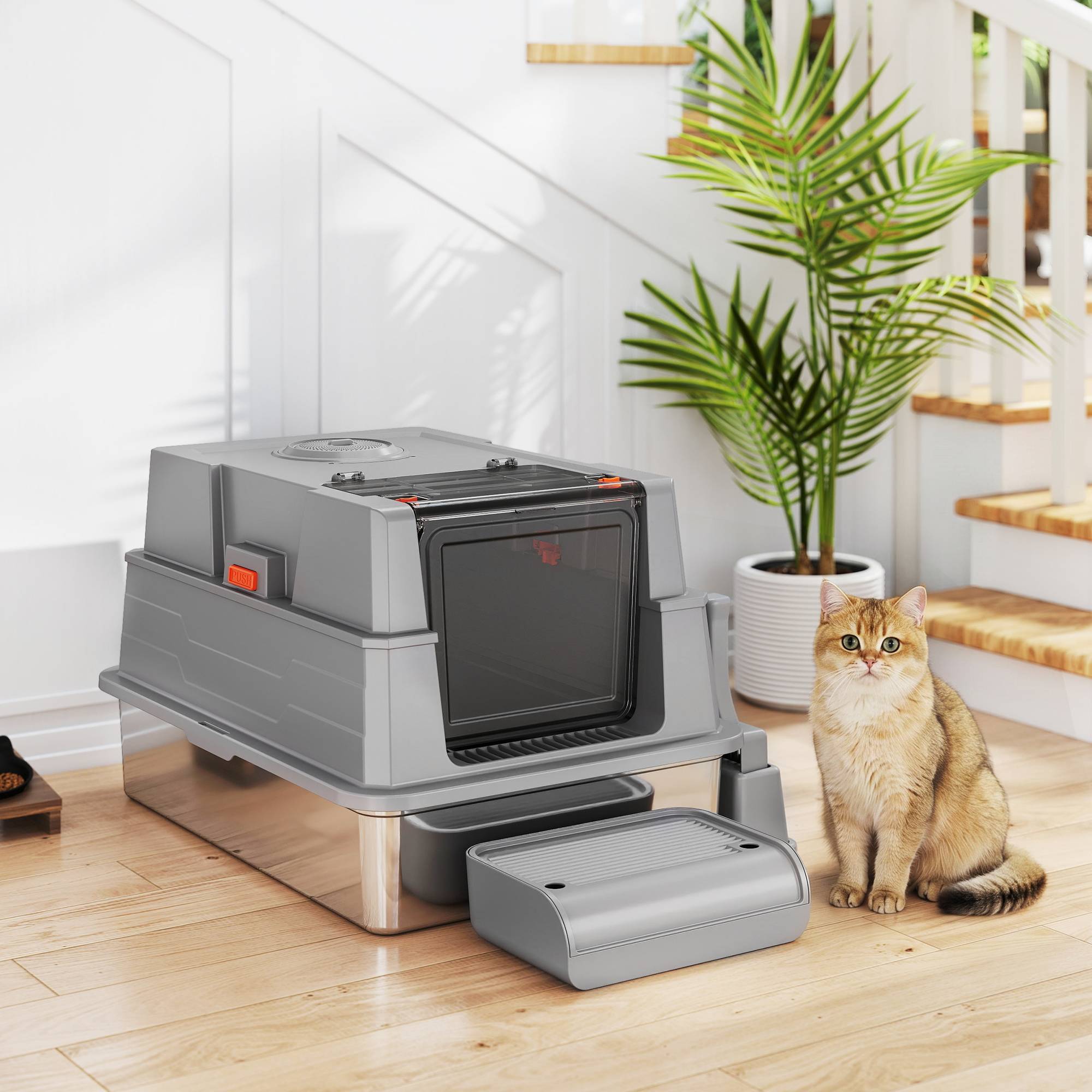 Sans Marque - Katzenklo XXL Edelstahl Katzentoilette 130L mit 180° Klappdeckel Hohen Seitenwänden Schaufel Trittstufe 70x50x43cm Grau - Image 3