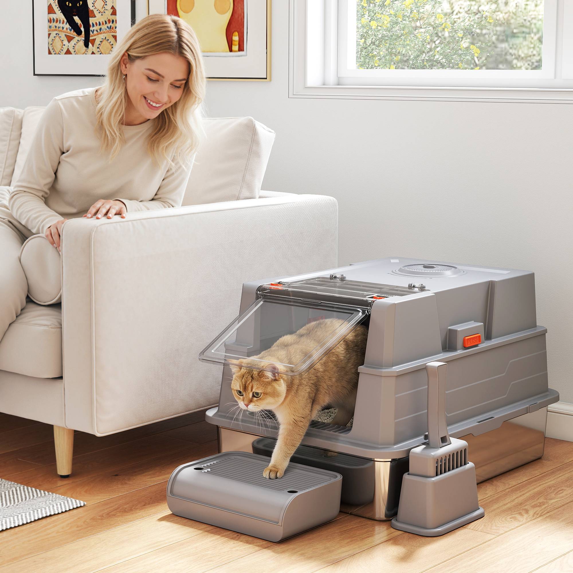 Sans Marque - Katzenklo XXL Edelstahl Katzentoilette 130L mit 180° Klappdeckel Hohen Seitenwänden Schaufel Trittstufe 70x50x43cm Grau - Image 2