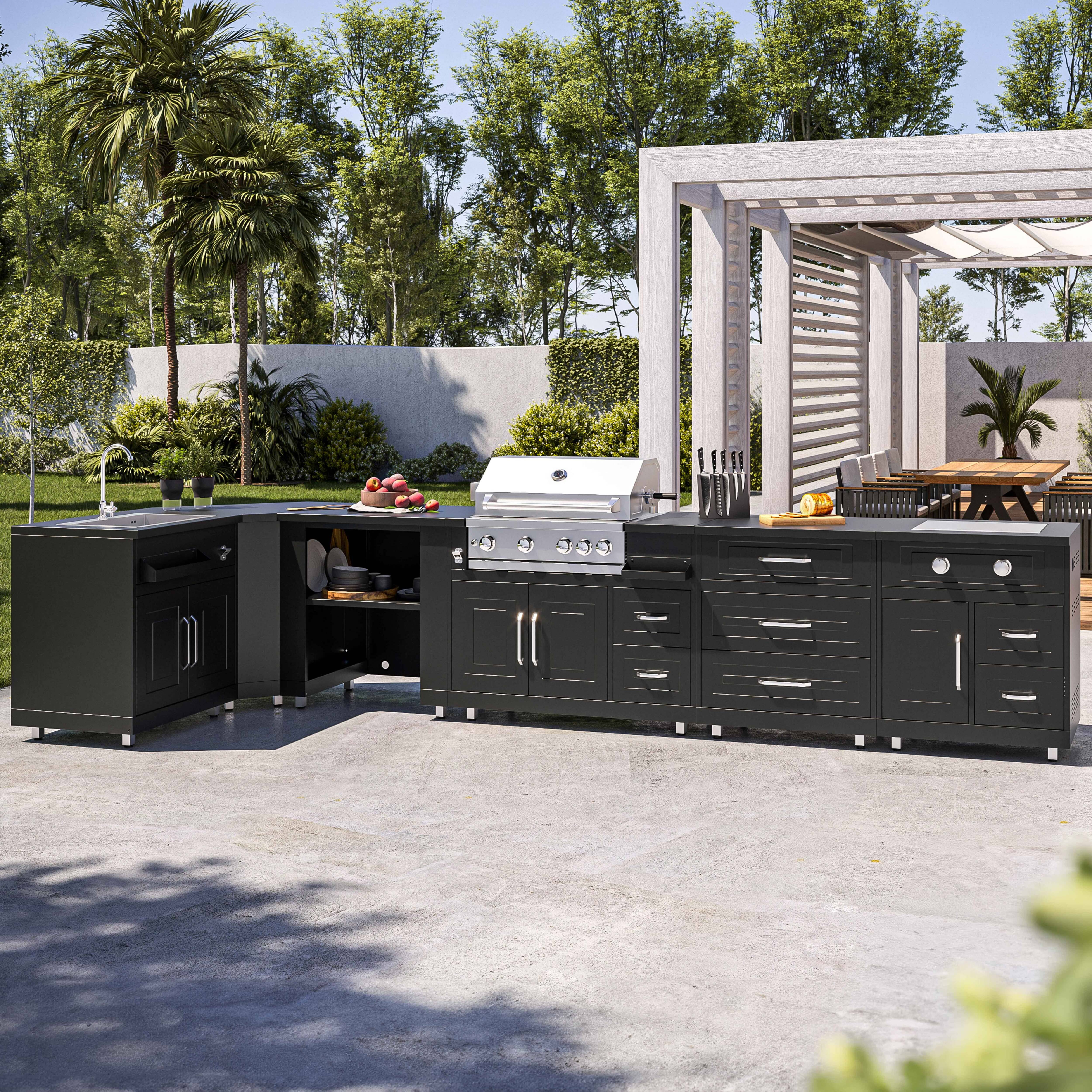 Oviala - Cuisine d'extérieur angle 6 éléments dont 2 modules de cuisson/évier Memphis - Oviala - Image 1
