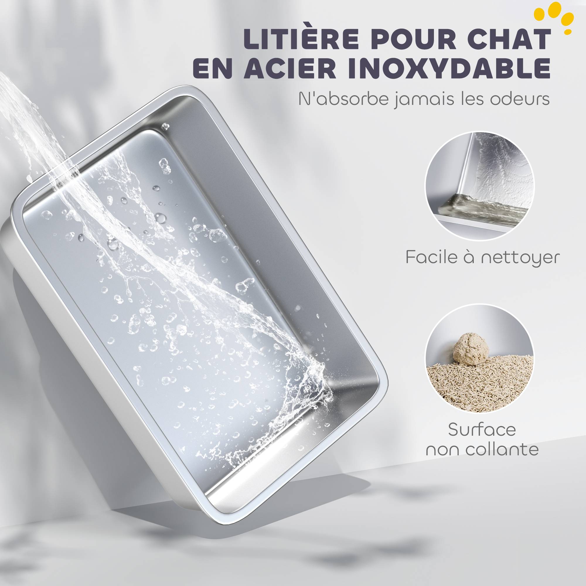 Sans Marque - Bac à litière en acier inoxydable, maison de toilette pour chat, bords hauts, nettoyage facile, 43,1x33,2x25,4cm, gris - Image 4
