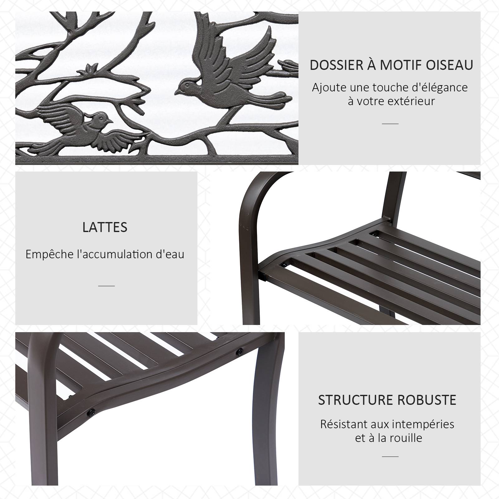 Banc de Jardin 2 Places banc extérieur jardin Style Rural Chic pour balcon terrasse patio 127 x 60 x 85 cm - Image 7
