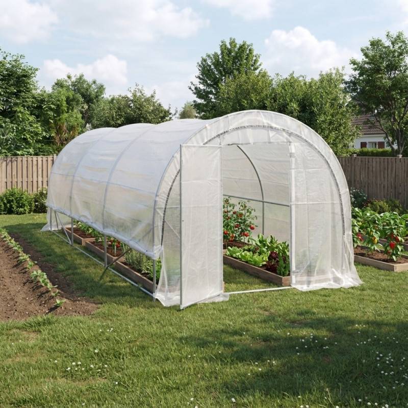 Serre tunnel maraîchère 18m² acier galvanisé 200gr/m² H2,40m Green Protect blanc 2 portes battantes - Image 1