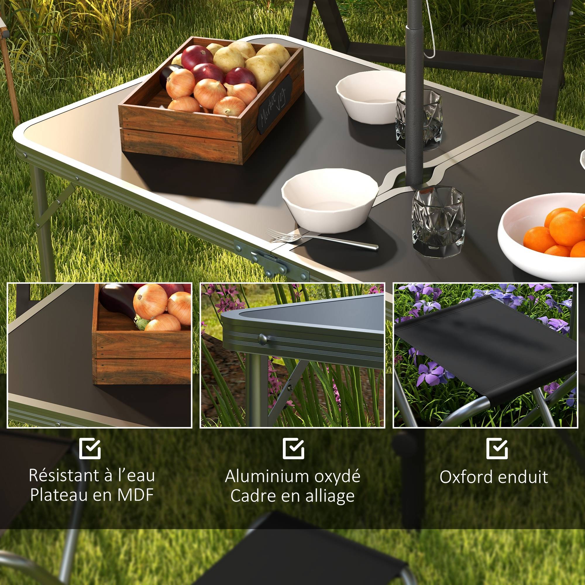 Ensemble table et chaises de camping aluminium gris foncé 120 x 60 x 70 cm - PANGIVO - Image 10