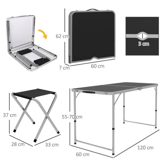Ensemble table et chaises de camping aluminium gris foncé 120 x 60 x 70 cm - PANGIVO - Image 5