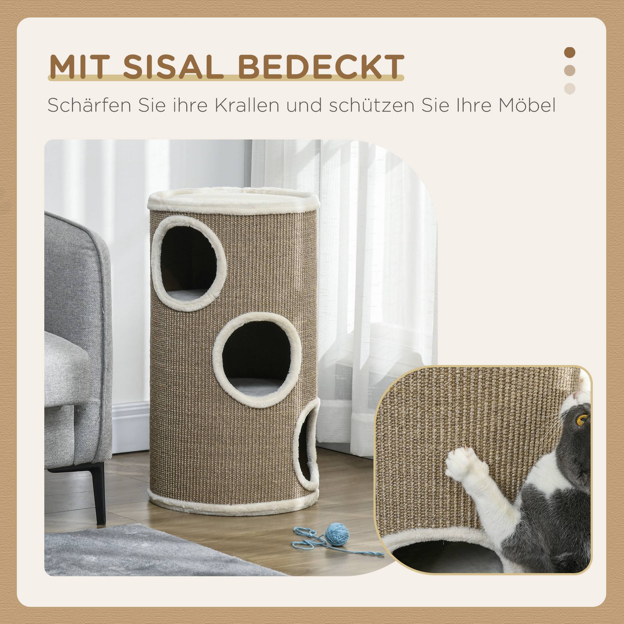 Sans Marque - Tonneau à griffer, peluche douce, tapis sisal, Ø38x70H cm, Marron - Image 7