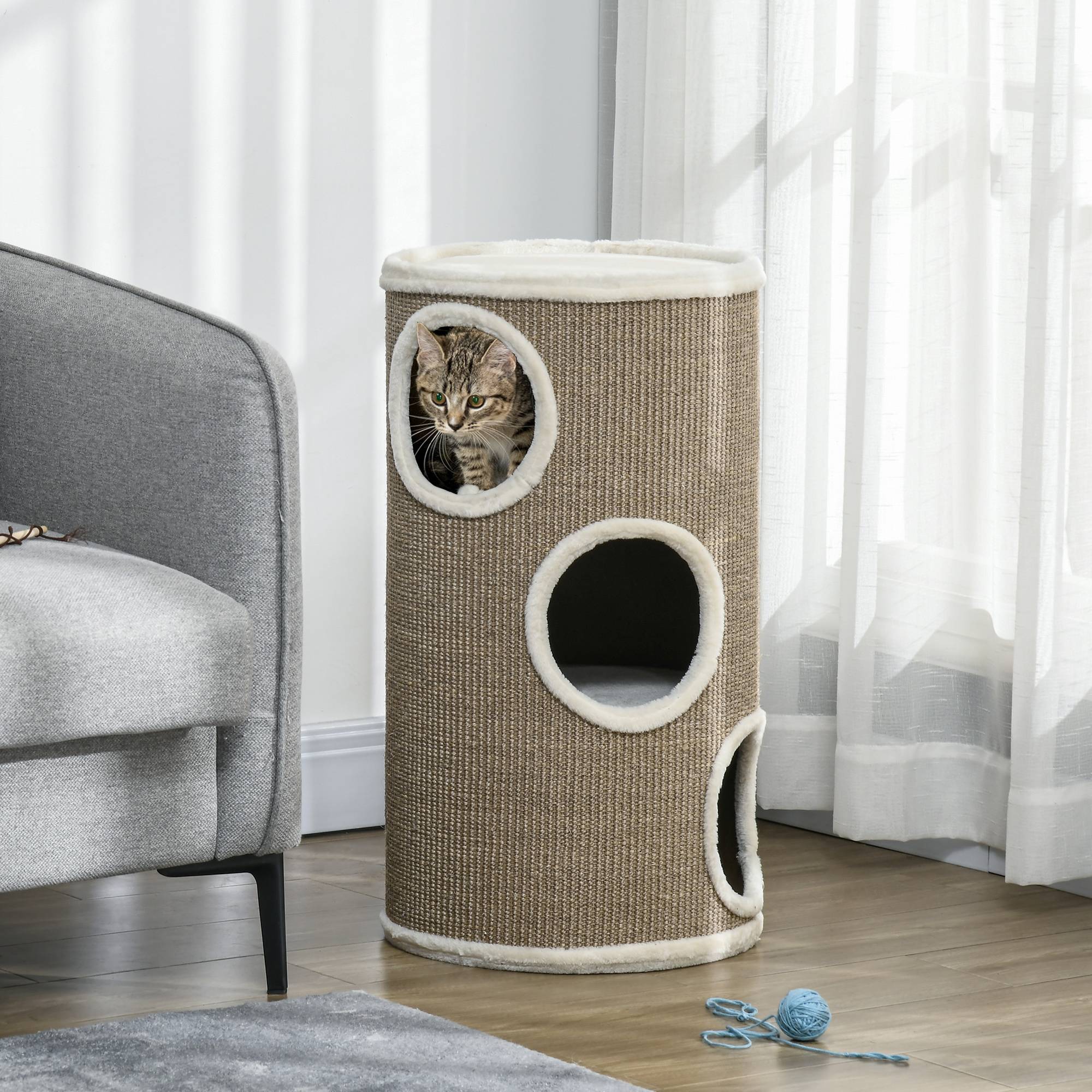 Sans Marque - Tonneau à griffer, peluche douce, tapis sisal, Ø38x70H cm, Marron - Image 3
