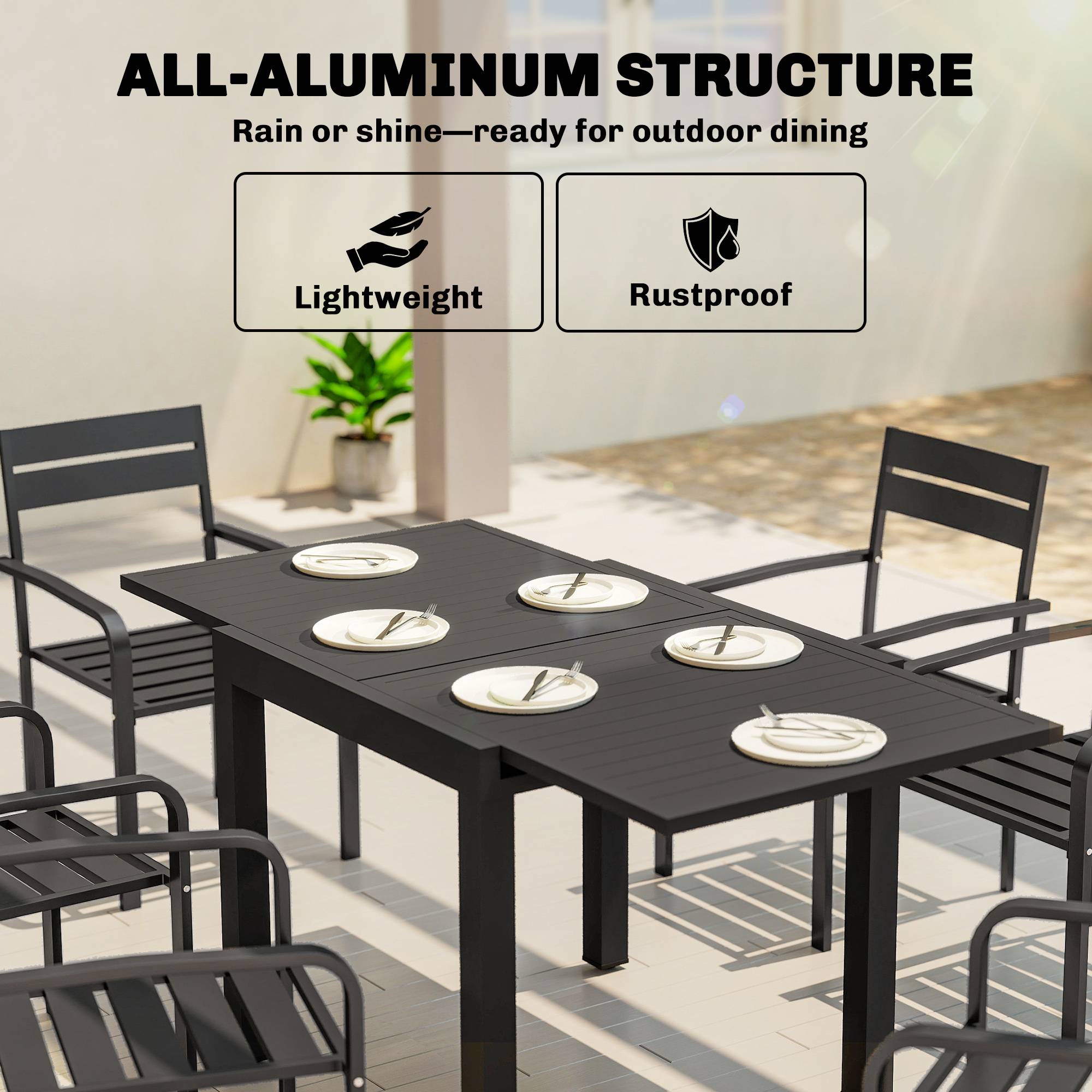 Outsunny - Table de jardin extensible 4-6 personnes avec rallonge auto-stockée - aluminium - 80-160x80cm - noir - Image 9