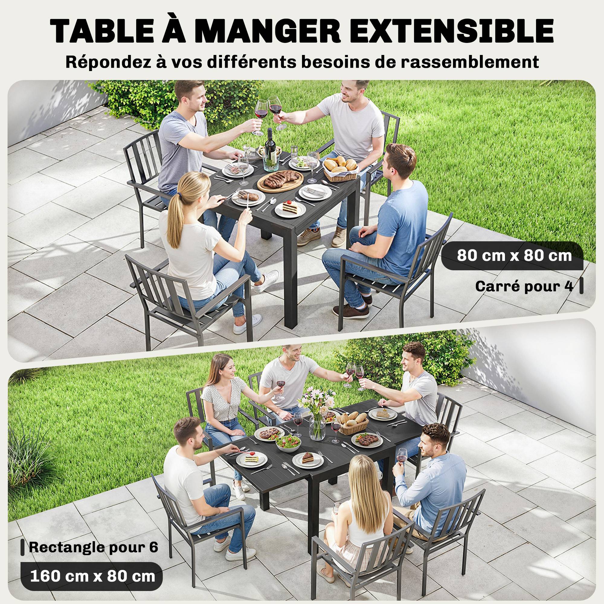 Outsunny - Table de jardin extensible 4-6 personnes avec rallonge auto-stockée - aluminium - 80-160x80cm - noir - Image 7