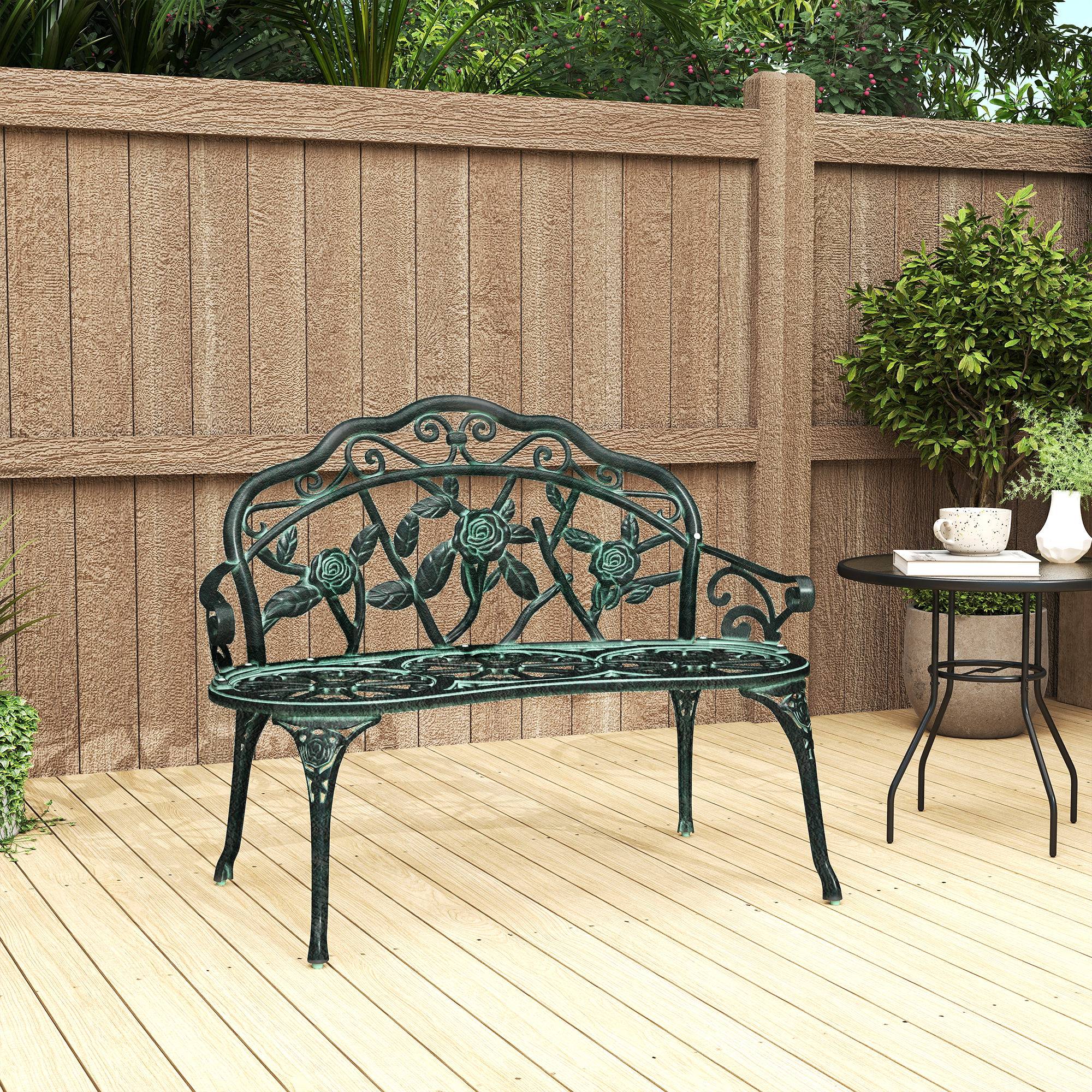 Banc de Jardin 2 Places Style néo-rétro Motif Rose Lignes fuselées 100L x 54l x 78H cm Fonte d'aluminium Vert - Image 3