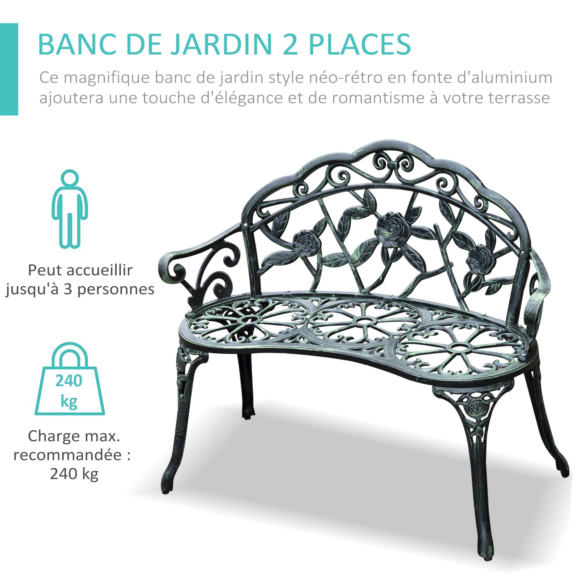 Banc de Jardin 2 Places Style néo-rétro Motif Rose Lignes fuselées 100L x 54l x 78H cm Fonte d'aluminium Vert - Image 8