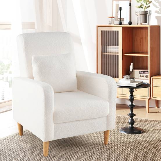 Fauteuil Rembourré avec Coussin Lombaire, Revêtement en Laine d'ours en Peluche, Pieds en Bois de Caoutchouc, Style Moderne, Fauteuil de Lecture,Blanc - Image 3