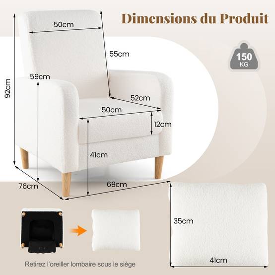 Fauteuil Rembourré avec Coussin Lombaire, Revêtement en Laine d'ours en Peluche, Pieds en Bois de Caoutchouc, Style Moderne, Fauteuil de Lecture,Blanc - Image 4