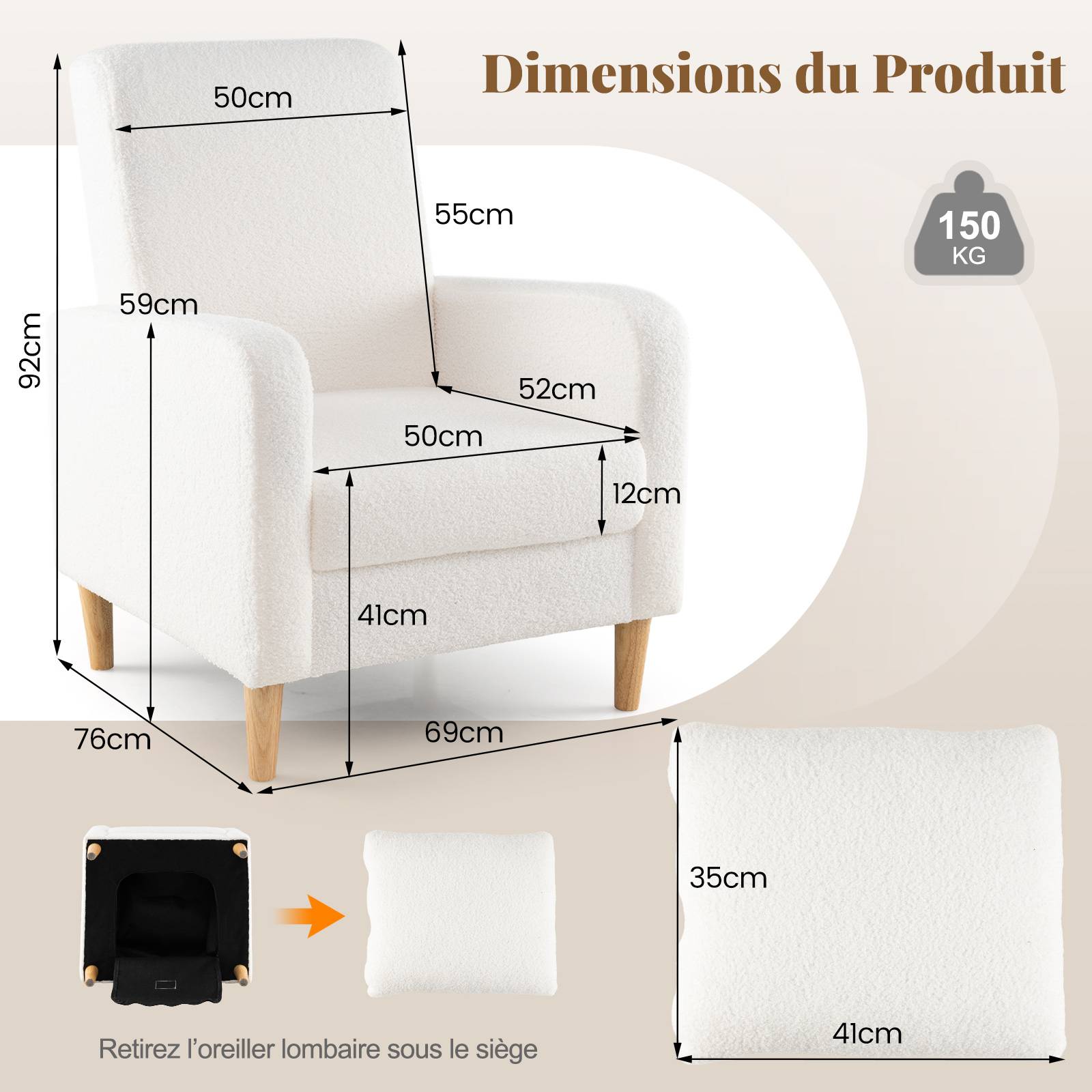 Fauteuil Rembourré avec Coussin Lombaire, Revêtement en Laine d'ours en Peluche, Pieds en Bois de Caoutchouc, Style Moderne, Fauteuil de Lecture,Blanc - Image 4