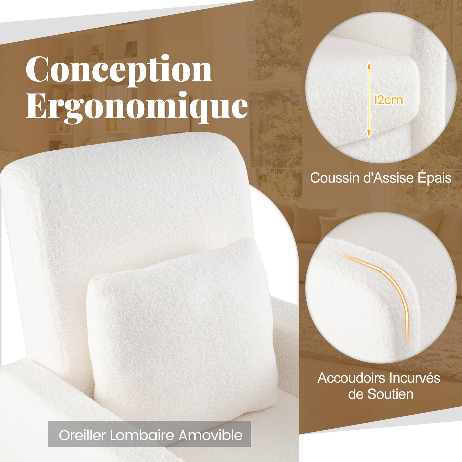 Fauteuil Rembourré avec Coussin Lombaire, Revêtement en Laine d'ours en Peluche, Pieds en Bois de Caoutchouc, Style Moderne, Fauteuil de Lecture,Blanc - Image 5