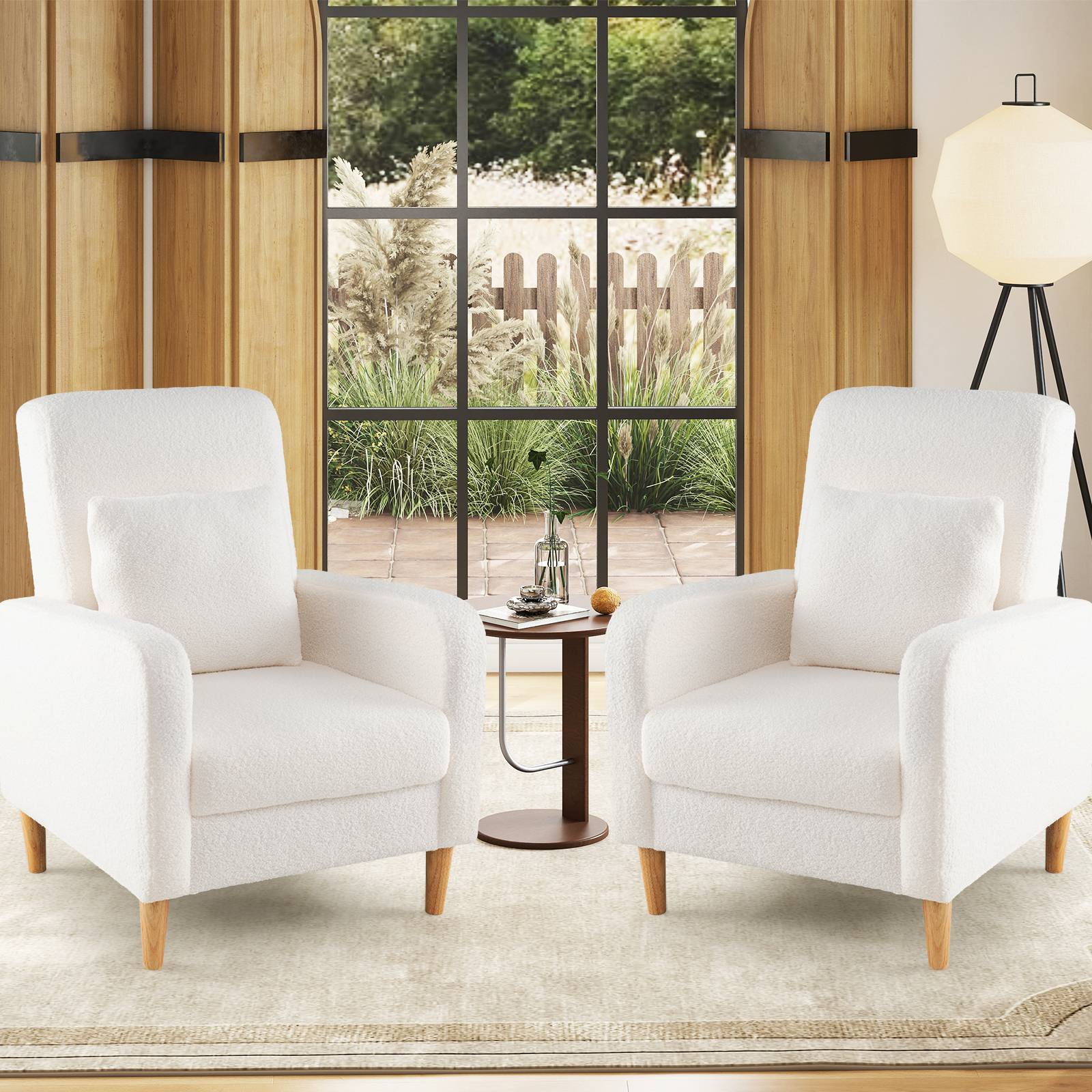 Fauteuil Rembourré avec Coussin Lombaire, Revêtement en Laine d'ours en Peluche, Pieds en Bois de Caoutchouc, Style Moderne, Fauteuil de Lecture,Blanc - Image 2